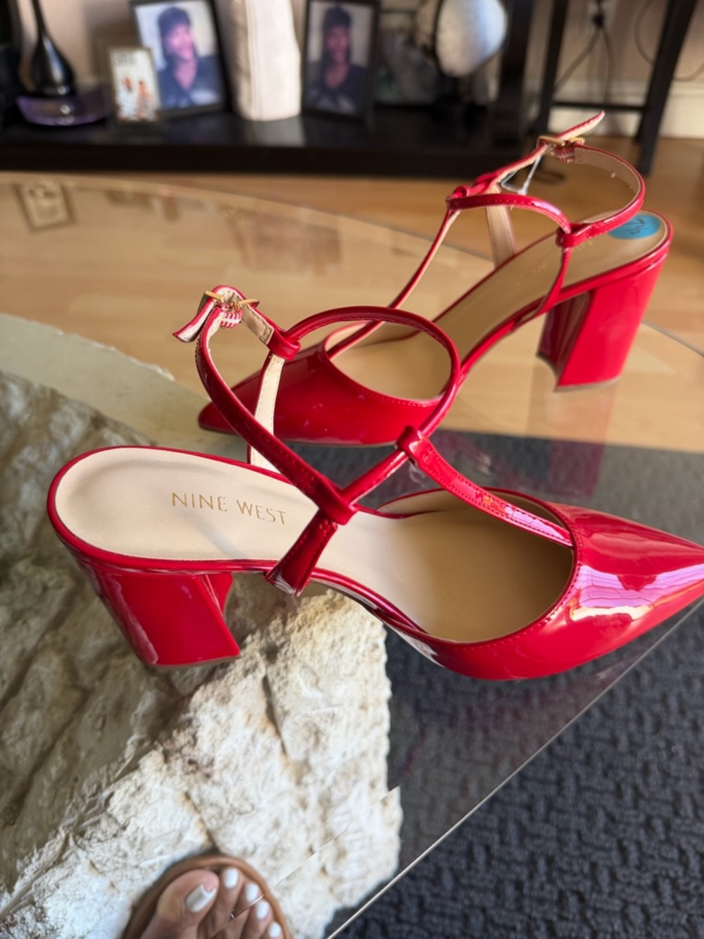 Nine West Red Patent T-Strap Pointed Toe Pumps - Picture 2 of 4